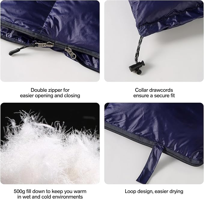 ShinHye Ultralight Sleeping Bag for Adults - 500g Premium Duck Down Waterproof & Compressible, 3 Season Backpacking Camping 40-59℉, Compact Lightweight Sleeping Bag with Compression Sack