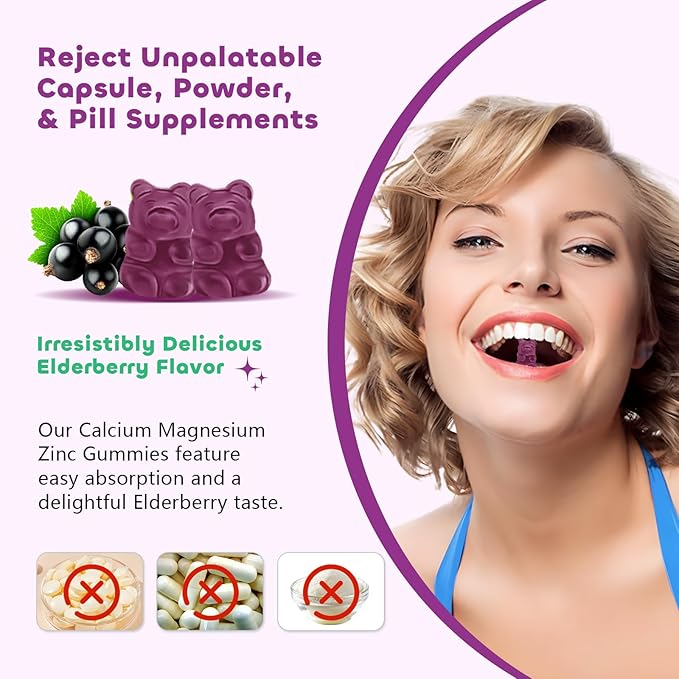 Calcium Magnesium Zinc Gummies with Vitamin C D3 K2, Calcium Gummies for Bone, Muscle, Calm & Zzz Support, High Absorption Formula with Magnesium Zinc Folate Potassium, Elderberry Flavored 60 Counts