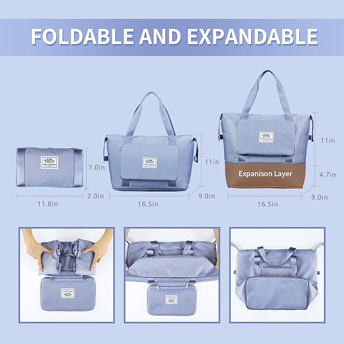 ZGWJ Expandable Travel Duffel Tote Bag - Foldable Overnight Weekender, Carry-On, Swim & Gym Bag - Fits Spirit Airlines Personal Item Size - Lightweight, Waterproof & Durable with Trolley Sleeve,Blue