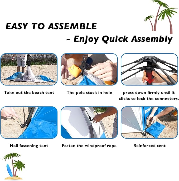 Beach Tent Pop Up Shade, Instant Beach Tents Sun Shelter with UPF 50+ UV Protection, Lightweight & Easy Setup Tent 2-6 Person