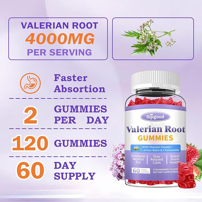 Valerian Root Gummies Organic, Valerian Root Supplement for Zzz, Relaxation & Calm, Natural Herbal Supplement for Men & Women, Melatonin Free, Vegan, Non-GMO, Strawberry Flavor, 60 Count