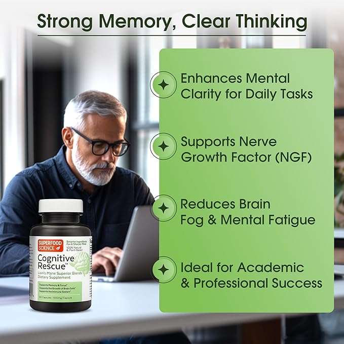 Cognitive Rescue, Lion's Mane Mushroom Capsules w/Lion's Mane Dual Extract, Nootropics, Brain Supplement for Memory and Focus, Mushroom Immune Support w/B Vitamins Complex, BioPerine, 60 Capsules