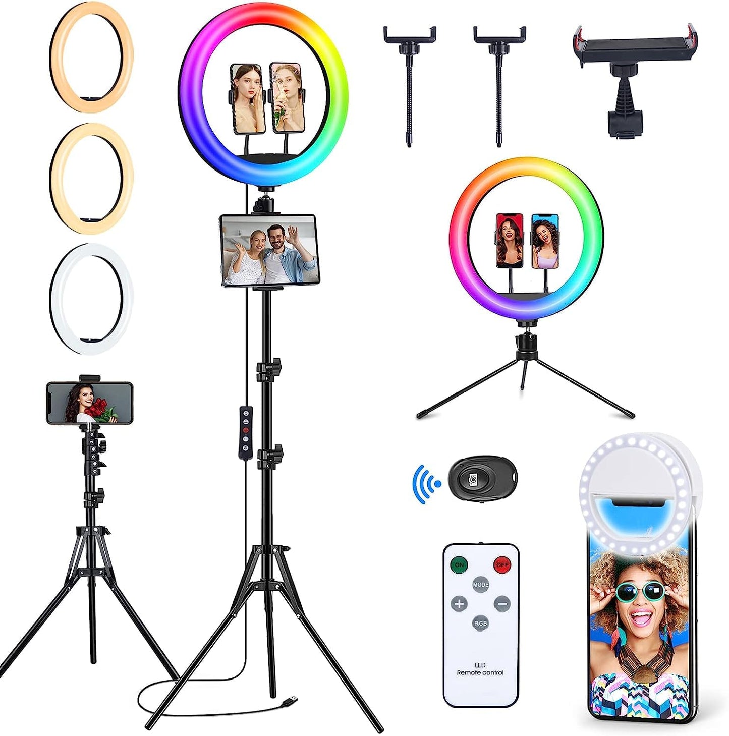 13 inch Ring Light with Tripod Stand & Phone Holder, Selfie Ring Light 63" Tall Extended Tripod Stand LED Circle Ringlight 50 RGB Mode 13 Brightness for Makeup YouTube Video Tiktok Wireless Remote