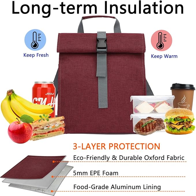 Insulated Lunch Bag for Men/Women/Kids, Roll top Reusable Lunch Box with Adjustable Shoulder Strap, Thermal Lunch Cooler Tote Container for Adults/Teens School Work Office Picnic,Red