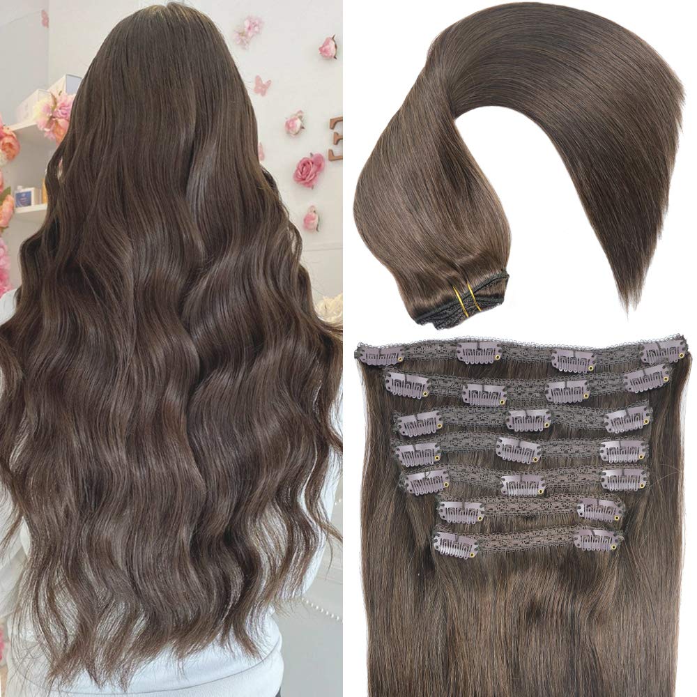 Eufficco Real Human Remy Hair Lace Clip In Hair Extensions 18inch Finsih at 18.5inch 120g Color #2 Dark Brown Double Wefted Thick Ends Silky Soft Long Lifespan Tangle Free Human Hair Extensions
