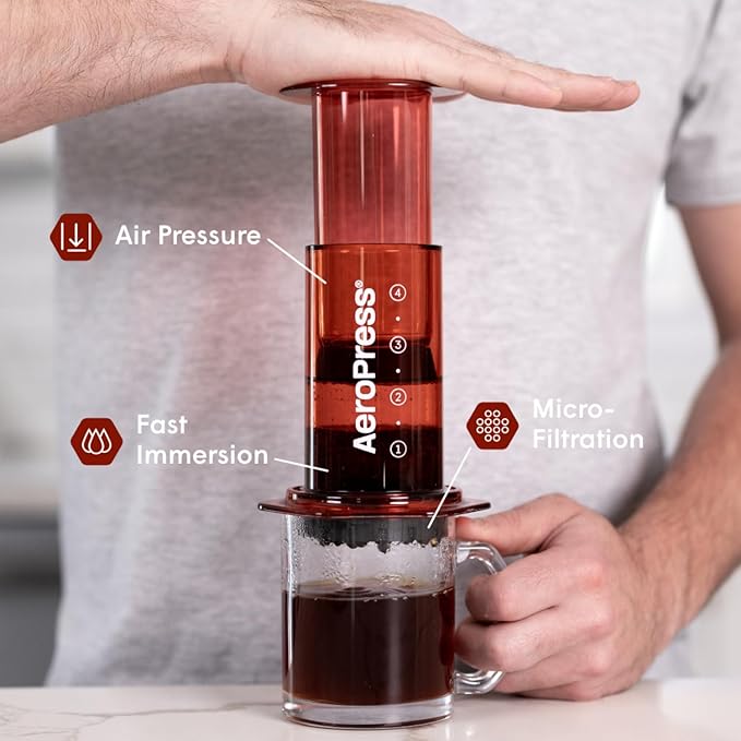 AeroPress Clear Red Coffee Press – 3 In 1 Brew Method Combines French Press, Pourover, Espresso, Full Bodied Coffee Without Grit or Bitterness, Small Portable Coffee Maker for Camping & Travel, Red