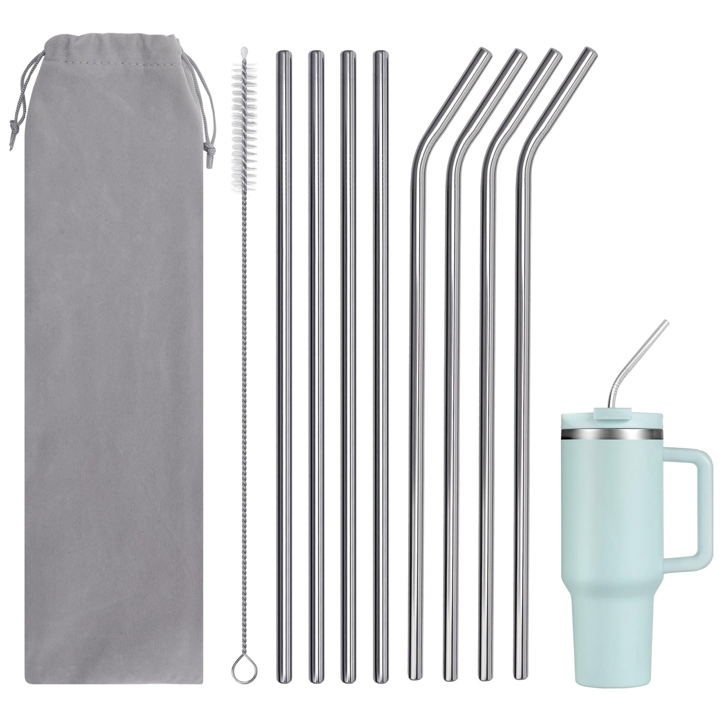 10 Pcs Metal Straw for Stanley Cup 40 oz with Straw Brush and Velvet Bag for Smoothie, Milkshake, Cocktail and Hot Drinks
