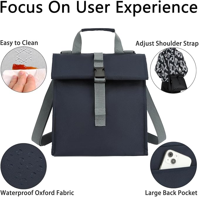 Insulated Lunch Bag for Men/Women,Roll top Reusable Lunch Box with Adjustable Shoulder Strap,Thermal Lunch Cooler Tote Container for Adults Work Office Picnic,Cyan