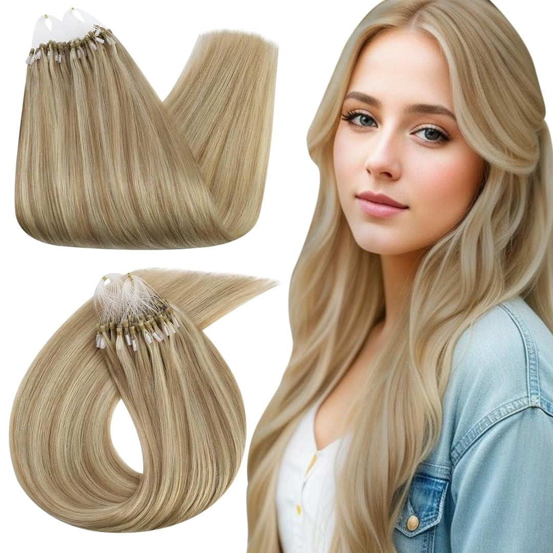 Ugeat Micro Ring Hair Extensions Blonde Microloop Hair Extensions Real Human Hair Highlighted Light Blonde Micro Links Hair Exte