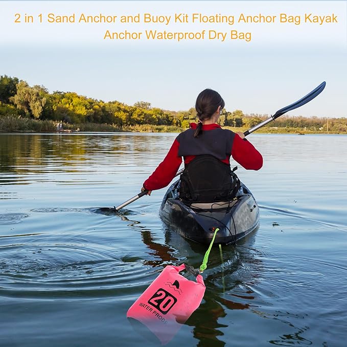 2 Set 20L Sand Anchor Heavy Duty Buoy Kit 2 in 1 Kayak Anchor Floating Waterproof Dry Bag with High Visibility Float Rope for Lake Beach Boat Hiking Camping Water Sports Surfing Kayaking(Rose Red)