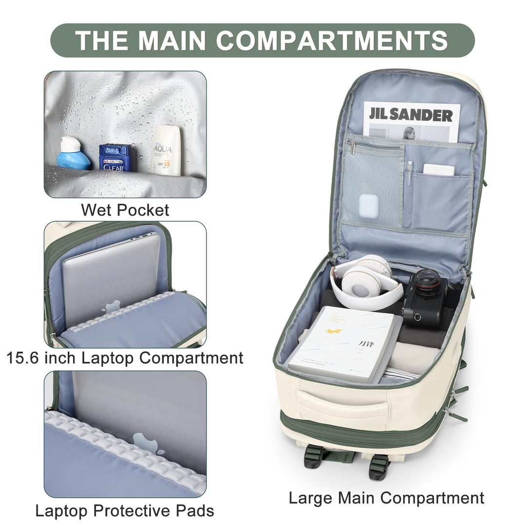 Casual Backpack Traveling Backpack, A-beige With Green, Expandable, Travel Backpacks