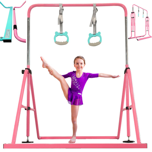 PreGymnastic Updated Folding Gymnastics Bar with Rings, Foldable Kip Bar with Sturdier Base, Gymnasitc Training Bar for Kids Ages 3-10, Gymnastic Horizontal Bars, Home Gym Equipment for Boys Girls