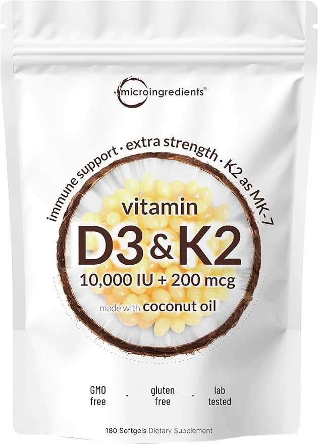 Vitamin D3 10000 iu Plus K2 (MK-7) 200 mcg, 180 Virgin Coconut Oil Softgels | 2 in 1 Vitamins D & K Complex | Supports Calcium Absorption, Bone, Immune, & Heart Health – Easy to Swallow