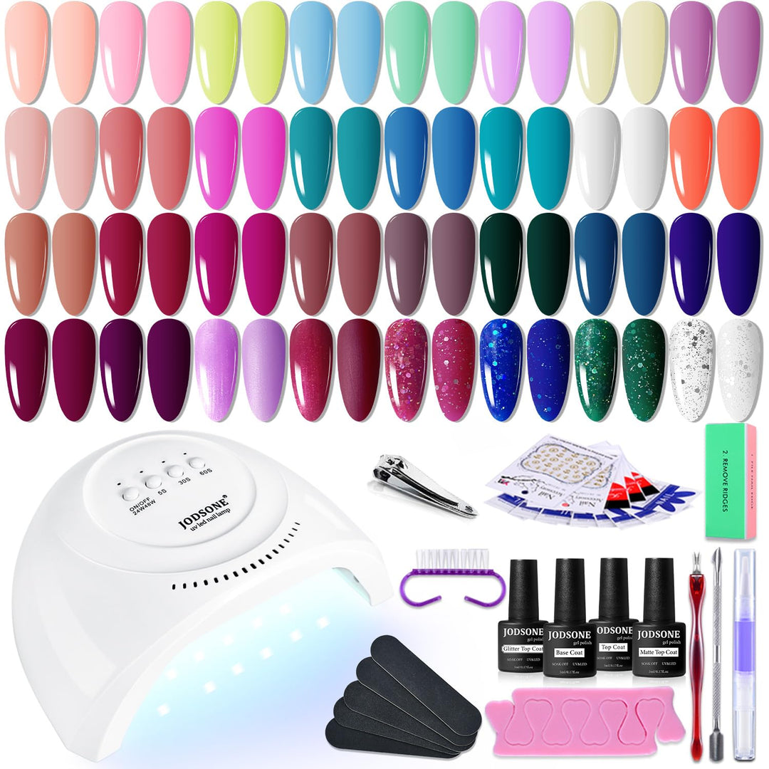 Jodsone 36 Pcs Gel Nail Polish Starter Kit Uv Light And Dark Series Gel Nail Set No Wipe Base Matte And Glossy Top Coat All Kind
