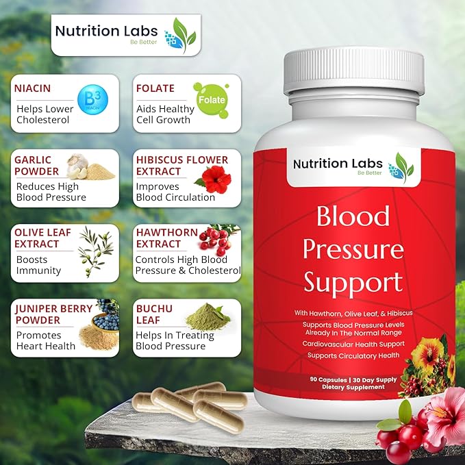 Blood Pressure Support and Cardiovascular Supplement W/ Hawthorn, Hibiscus - Nitric Oxide Support for Normal Blood Pressure Support W/ Vitamin B12 & Folic Acid - Garlic Supplements - 90 CT