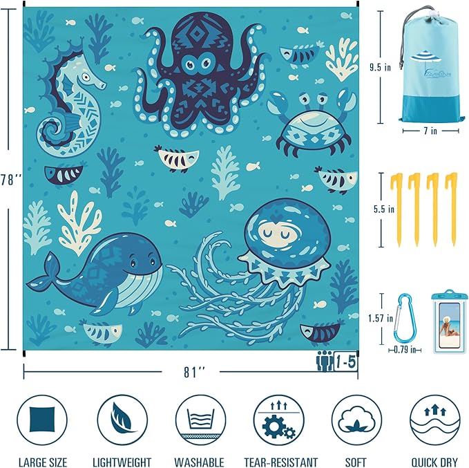 Beach Blanket Sandproof Waterproof 78''×81''1-5Adults Oversized,Compact Lightweight Durable Beach Mat for Travel Camping Hiking Picnic Blanket