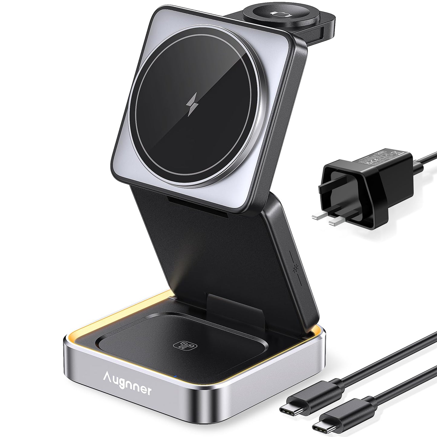 【2025 Upgraded】Magnetic Wireless Charger 3 in 1, Travel Foldable Wireless Charging Station with Night Light for Apple MagSafe Charger, Nightstand Fast 15W Charging Station (20W Adapter)