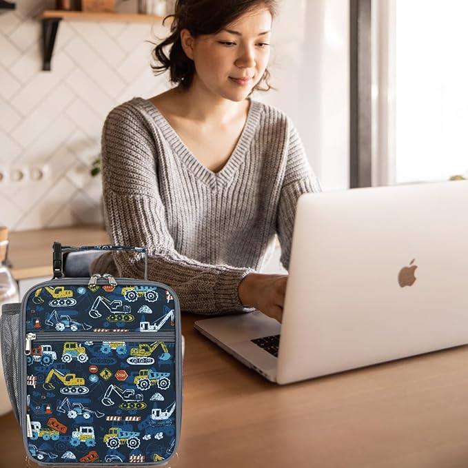 Lunch Box for Kids Boys Girls Men Women, Insulated Small Soft Cooler Lunch Bag Kit for School Work Picnic Travel - Reusable Portable lunchbox, Construction Truck