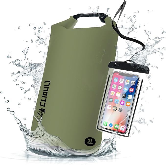 Waterproof Dry Bag,Roll Top Green Small Waterproof Backpack 2L/5L/10L/20L/30L/40L Floating Lightweight Bags for Kayaking, Boating, Fishing, Swimming Camping with Waterproof Phone Case