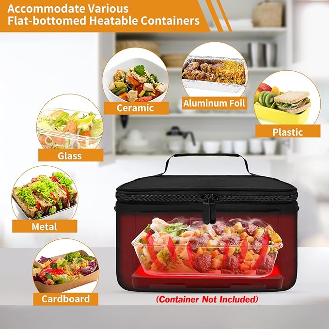 Aotto Portable Oven Electric Lunch Box Food Heater - 80W Heated Lunch Box Food Warmer for Adults, Work, Travel, Home Kitchen - Cook, Reheat, and Keep Warm (Black) 110V/120V