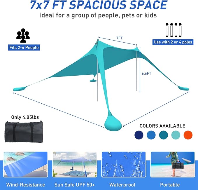 Beach Tent Pop Up Shade Canopy Sun Shelter UPF50+ with 2 Stability Poles/Carry Bag/Ground Pegs/Sand Shovel/Windproof Ropes Portable Outdoor Family Sunshade for Beach Camping (Teal Blue, 7×7FT)
