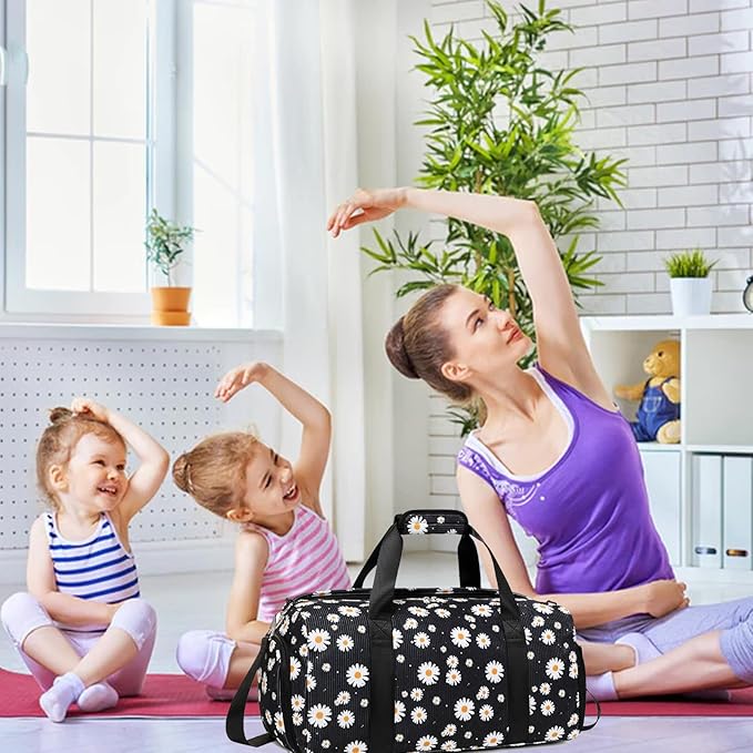 Dance Bag for Girls Corduroy Kids Duffel Bag Ballet Bag for Girls Teen Women Sports Gym Bag Water Resistant Travel Duffle Bags with Shoes Compartment（black daisy）