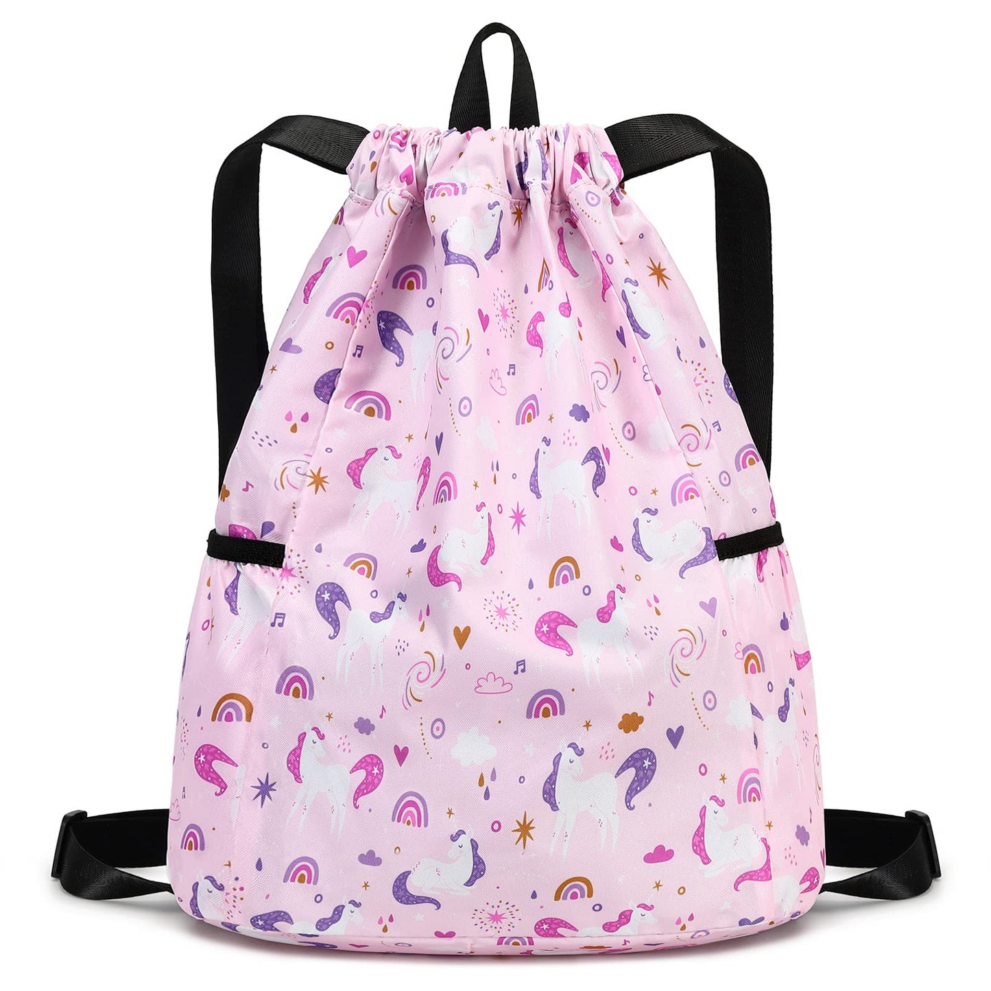 Ryushoyo Unicorn Drawstring Back Kids Drawstring Bags Rainbow Gym String Backpack Bulk for Girls Boys Dance Waterproof Nylon Sports Rainbow Unicorn One Size Pink