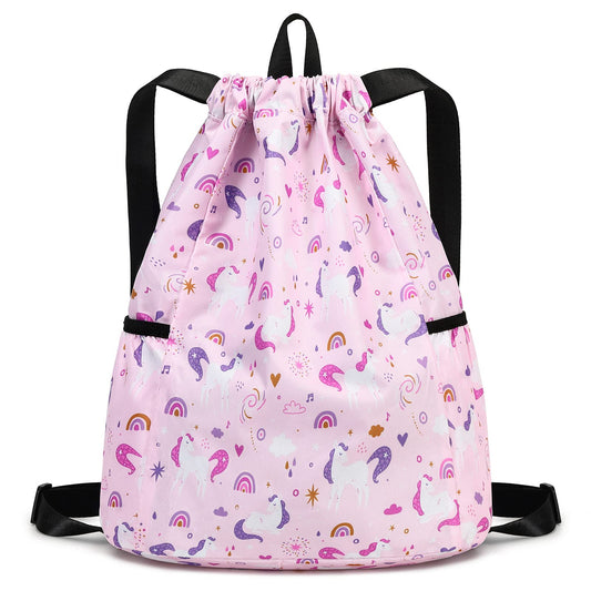 Ryushoyo Unicorn Drawstring Back Kids Drawstring Bags Rainbow Gym String Backpack Bulk for Girls Boys Dance Waterproof Nylon Sports Rainbow Unicorn One Size Pink