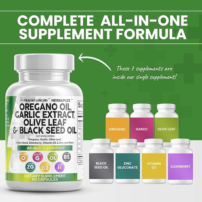 Clean Nutraceuticals Oregano Oil Garlic Extract Olive Leaf Black Seed Oil - Immune Support & Digestive Health Supplement for Women and Men with Vitamin D3 & Zinc - 2Pack