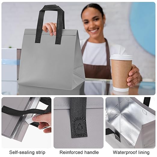 300 Pcs Insulated Take Away Bags Bulk Thermal Insulation Food for Coffee Milk Tea Hot Cold Food Fresh Seafood Cooler Pizza Delivery Bags for Catering Restaurant Grocery (Grey)