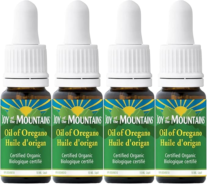 Joy of the Mountains Oil of Oregano Liquid With Dropper Cap | Wild Mediterranean, Certified Organic Oil of Oregano | 10ml - 0.34 fl. oz. Liquid per bottle (Pack of 4 Bottles)
