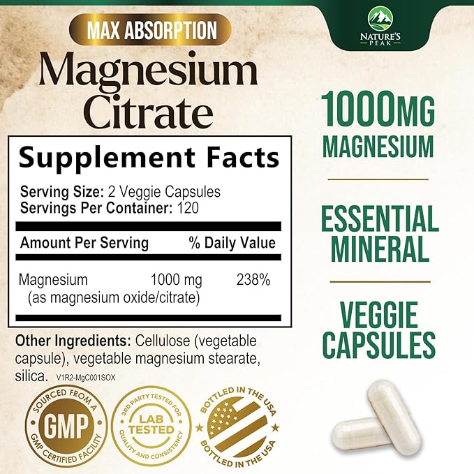 Magnesium Citrate Extra Strength 1000 mg - High Absorption Magnesium Supplement for Muscle, Bone, Nerve & Heart Health Support, Magnesio Vitamin Pills, Non-GMO, Nature's Premium Formula - 240 Capsules