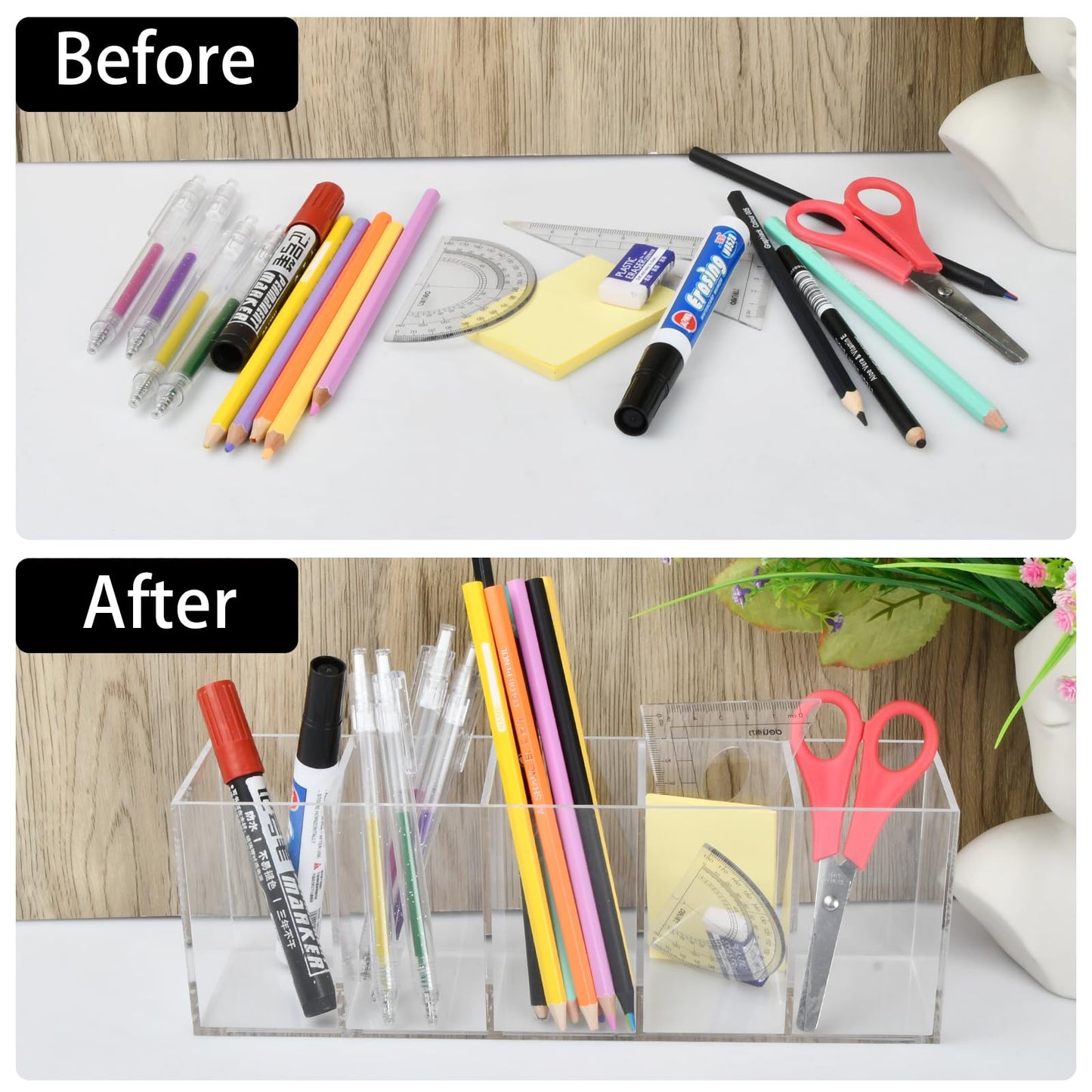 Acrylic Pen Pencil Holder, Transparent Makeup Brush Holder Organizer, Clear Pen Pot, 5 Compartments Desk Organizer, Desktop Stationery Storage for Office, Classroom, School Supplies, Vanity