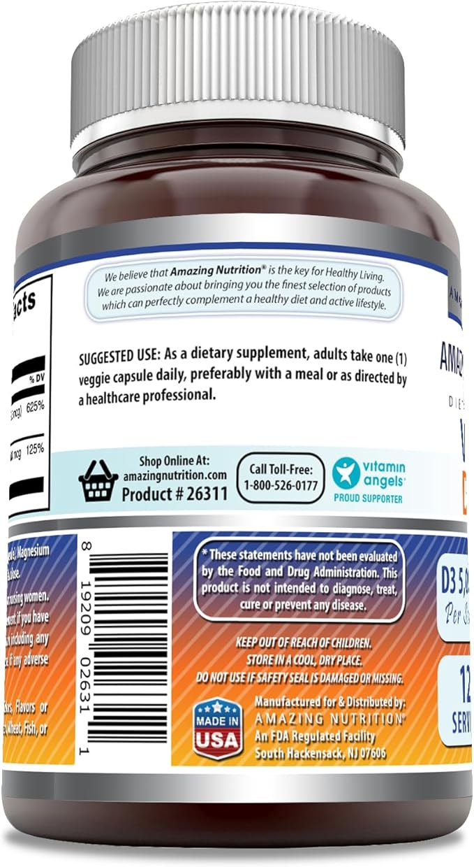 Amazing Formulas Vitamin D3 5000 IU with Vitamin K2 100 Mcg | 120 Veggie Capsules Supplement | Non-GMO | Gluten Free | Made in USA