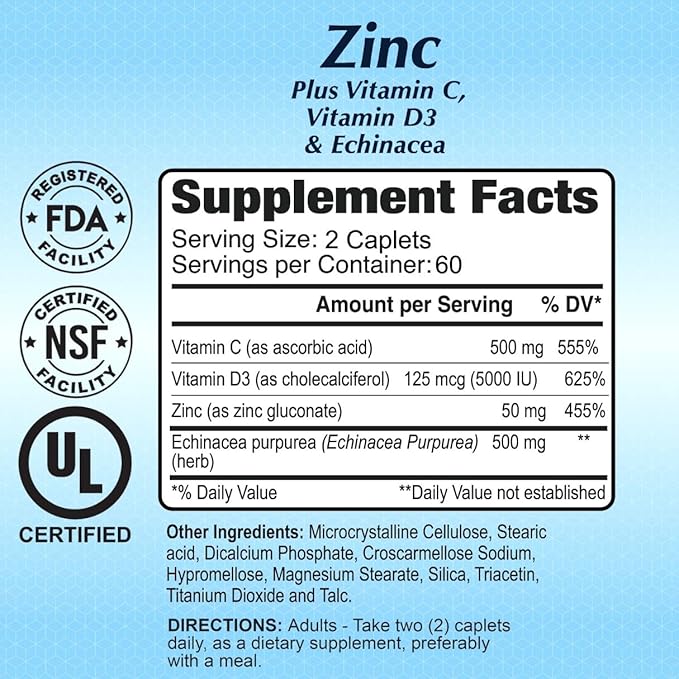 ALFA VITAMINS Zinc + Vitamin C, D3 & Echinacea Supplements, Immune Support Formula with Enhanced Absorption, Supports Bone Health, Immune Function, and Antioxidant Protection, 120 Caplets