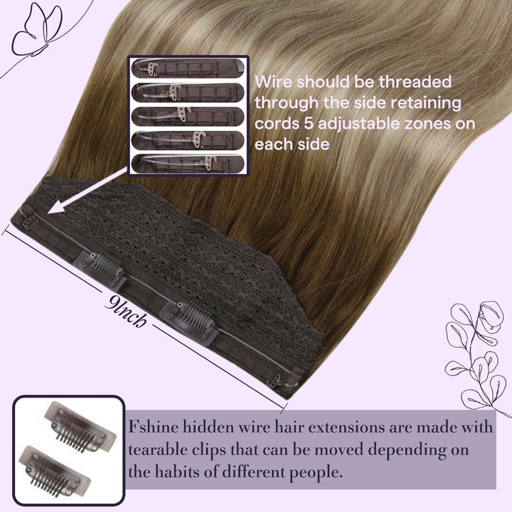Fshine Wire Human Hair Extensions 14 Inch Balayage Walnut Brown to Ash Brown and Butter Blonde Transparent Fish Line Clip in Hair Extensions 100G