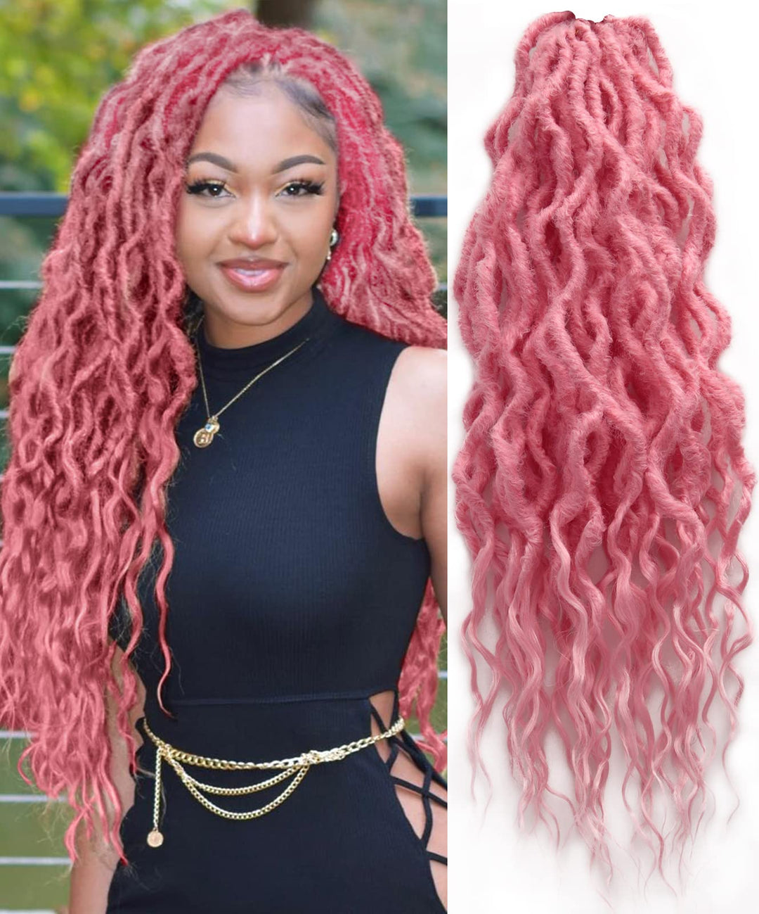 Faux Locs Crochet Hair 24Inch Goddess Locs Crochet Hair, 6Packs Crochet Hair Pre Looped Soft Locs Curly Ends Dreadlock Faux Crochet Locs Synthetic Crochet Braids (Pink#, 24'')