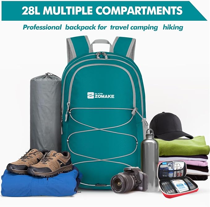 ZOMAKE Lightweight Packable Backpack 28L, Foldable Backpacks Water Resistant Collapsible Day Bag Light Daypack for Hiking
