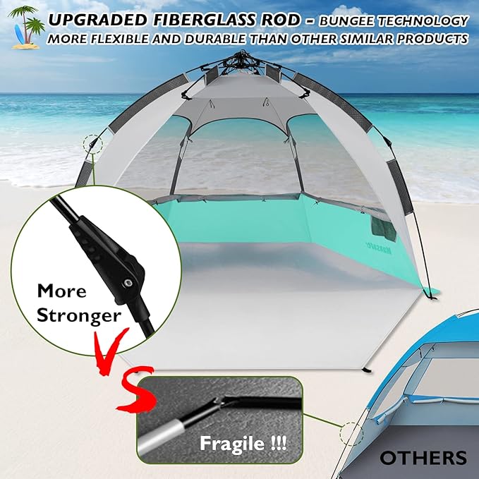 2-3 Person Large Instant Pop Up Beach Tent, UV Protection Portable Easy Setup Sun Shade Shelter, Extended Floor with 3 Ventilating Mesh Windows for Outdoor Camping Fishing (Green)