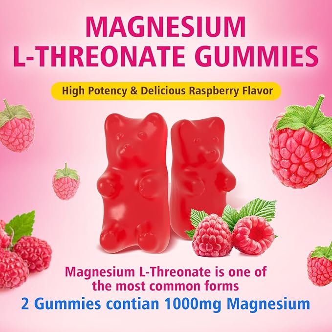 Magnesium L-Threonate Gummies 1000MG, Magnesium Threonate Supplement for Kids & Adults, Muscle & Nervous System Support, Sugar-Free, Raspberry Flavor, 60 Count