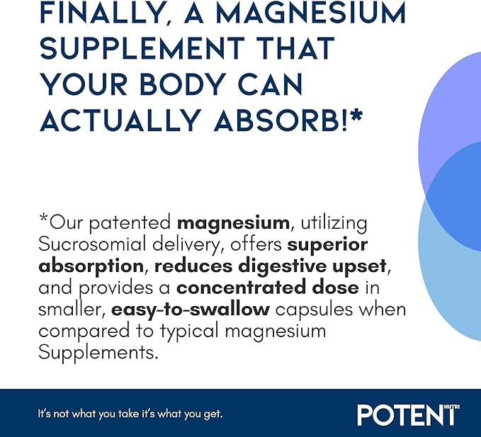 Sucrosomial Magnesium, Patented Enhanced Absorption, Support Stress Relief, Sleep, Nerves, Muscles, and Metabolism* 300mg, 60 Capsules (Vegan Safe), Magnesium Supplement, USA Made by Potent Nutri