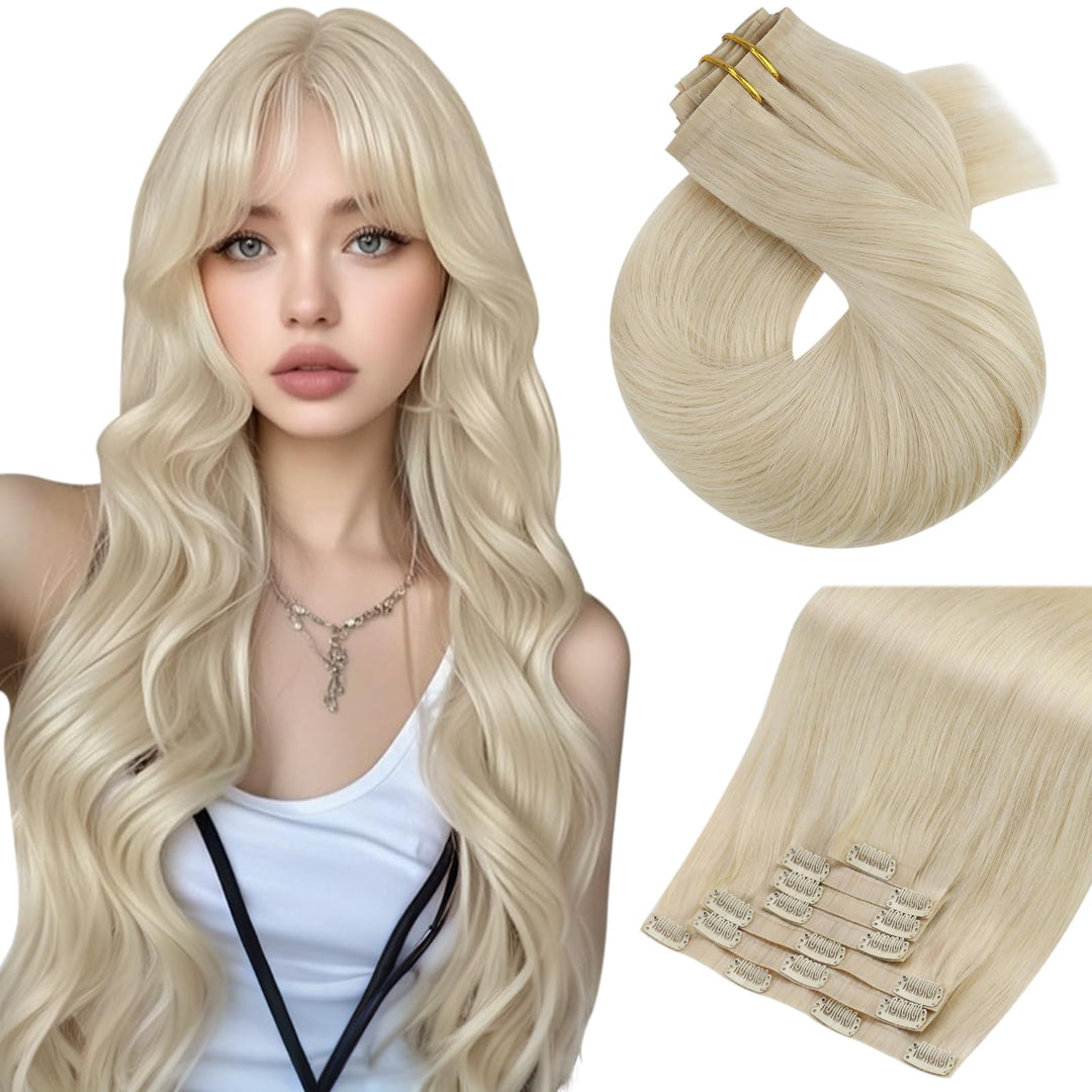 Moresoo Seamless Hair Extensions Clip In Human Hair Blonde Pu Weft Invisible Real Human Hair Clip In Extensions Platinum Blonde