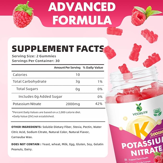 Potassium Gummies for Women & Men, High Dose Potassium Supplement 2000mg Supports Muscle Cramps & Electrolyte Balance, Raspberry Flavor 60 Count