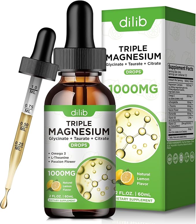 Magnesium Glycinate Liquid Drops with Taurate Citrate - Mangesium Supplement for Sleep, Stress Relief, Bone, Muscle - 2 Fl Oz, Vegan, Lemon Flavor