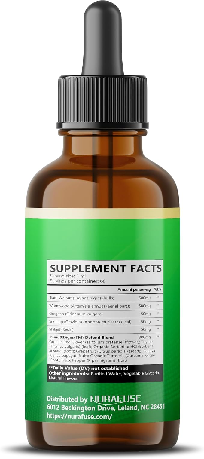 Organic Wormwood, Black Walnut, Oregano, Soursop, Shilajit Liquid Drops – 1550mg per Serving, Ultra Potent, USA Made & Lab Tested – 2 FL OZ (60ml)