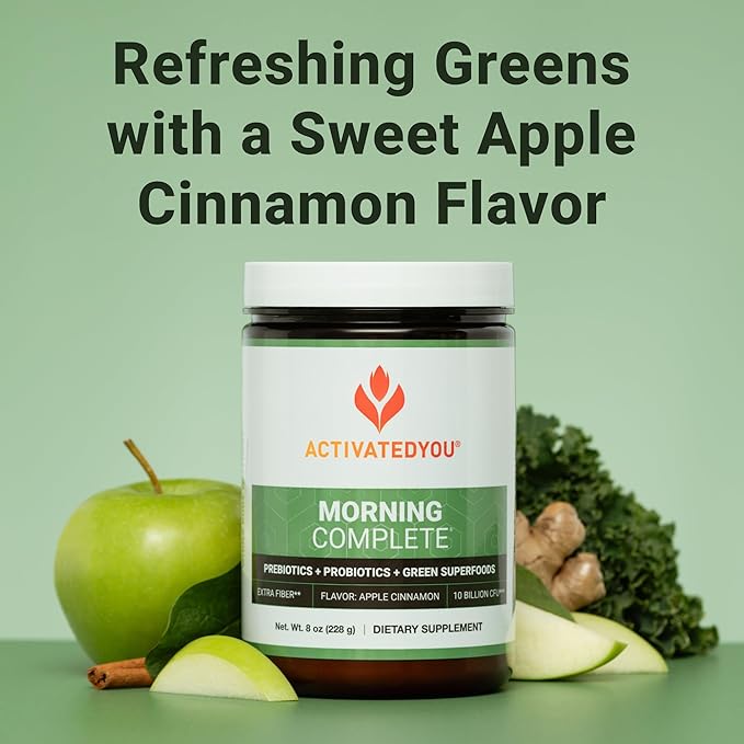 ACTIVATEDYOU Morning Complete Daily Wellness Greens Superfood Drink Mix for Gut Health w/Prebiotics, Probiotics, Antioxidants, Green Superfoods, 10 Billion CFUs, 30 Servings (Apple Cinnamon)