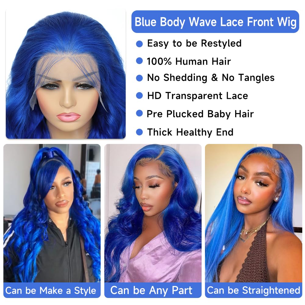 Loyom Blue Lace Front Wig Human Hair 13x4 Body Wave Blue Human Hair Wig Colored Lace Front Wigs Human Hair Pre Plucked 12A 200 Density Glueless HD Lace Frontal Wigs 22 Inch