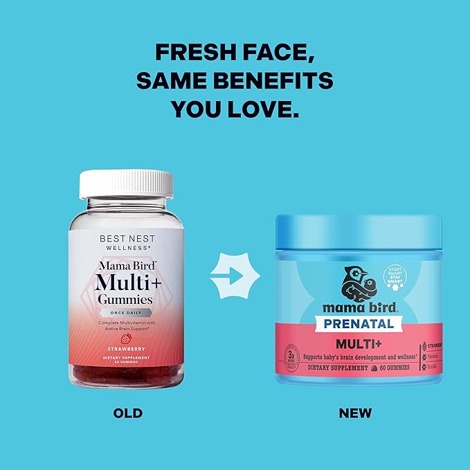 Best Nest Wellness Mama Bird Prenatal Multi Plus - Prenatal Care Supplement Supports Brain & Digestive Health - Vegan Multivitamin with Methylfolate & More - Strawberry, 60 Gummies (30 Servings)