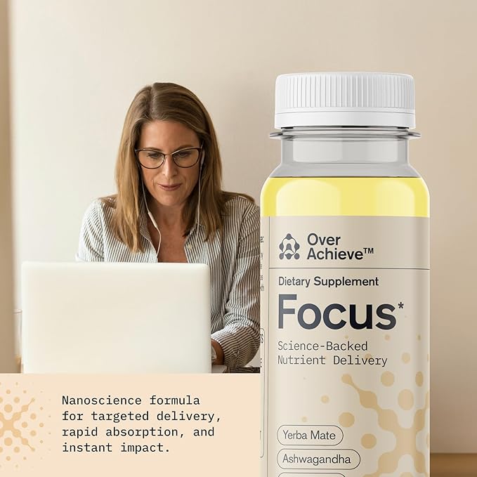 Focus Drink for Concentration- Contains Yerba Mate, Ashwagandha and Lions Mane Mushroom with Advanced Nanoscience Technology - 12 Pack Brain Focus Drink, Orange Flavor, 2oz