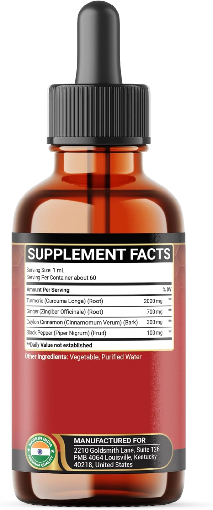 4in1 Liquid Turmeric Curcumin Drops Extract with Ceylon Cinnamon, Ginger and Black Pepper for Joint Support - 2FL oz - 60 Servings